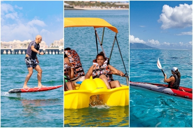 Adventure seekers enjoying water sports at Dubai Marina, including E-foil ride, paddleboard and kayak.