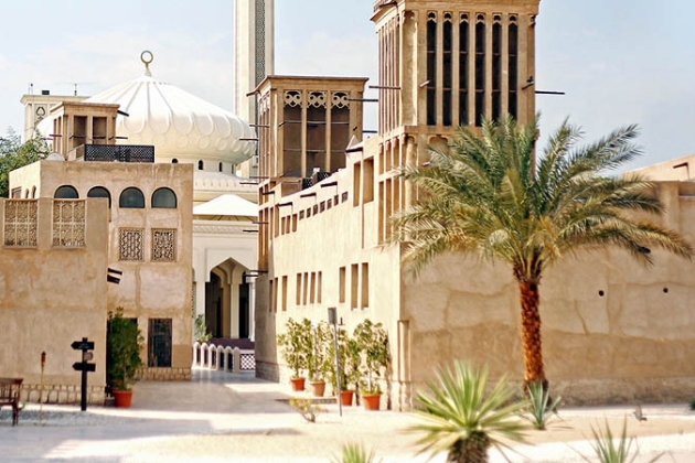 Traditional wind-tower buildings in Al Fahidi Historical Neighborhood, Dubai.