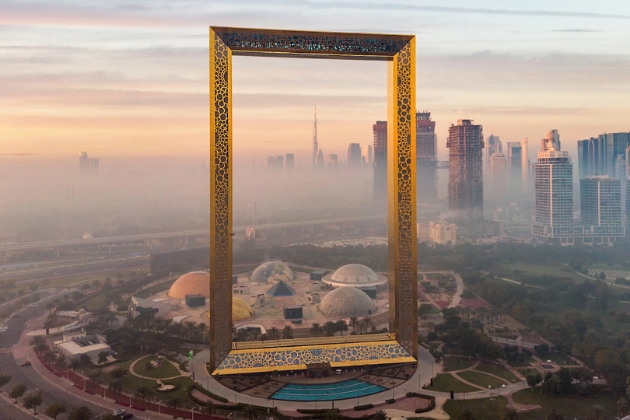 Panoramic view of the Dubai Frame against a clear blue sky