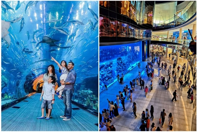 Families explore the Dubai Aquarium and crowds shop inside the Dubai Mall, a bustling retail and entertainment hub connected to the Burj Khalifa.