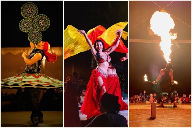 Tanoura dancer, belly dancer, and fire performer entertaining guests at a desert safari camp in Dubai