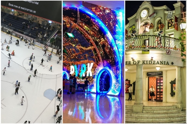Collage showing top family-friendly attractions in Downtown Dubai: Dubai Ice Rink, VR Park’s illuminated entrance, and the entrance to KidZania inside Dubai Mall.