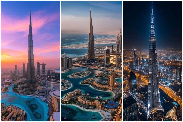 The Burj Khalifa captured at sunrise, midday, and night, showcasing its towering presence over Dubai’s skyline with surrounding cityscape and waterfront views in varying light and atmosphere.