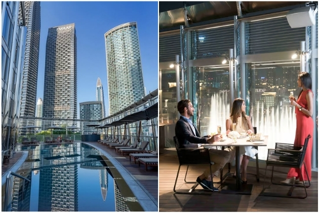 Outdoor pool at the Burj Club with city views, and guests dining beside the Dubai Fountain at the Armani Hotel Spa, blending relaxation and luxury.