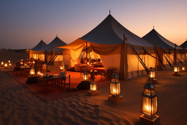 Luxury desert tents illuminated by lanterns at twilight, set up for an overnight safari experience in the Dubai desert
