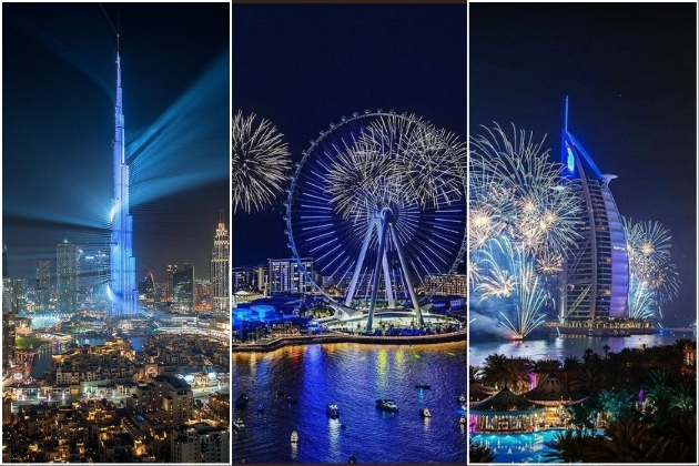 A dazzling New Year’s Eve in Dubai featuring the Burj Khalifa light show, fireworks over Ain Dubai, and vibrant pyrotechnics at the Burj Al Arab, illuminating the city’s skyline and waterfront