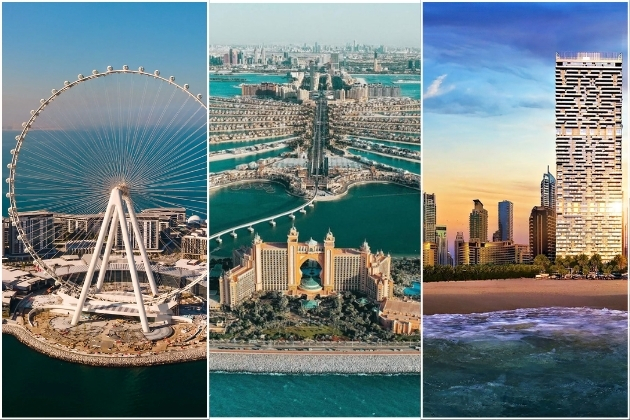 Top attractions near Dubai Marina including Ain Dubai observation wheel, Palm Jumeirah’s luxury island, and the vibrant JBR beachside area.