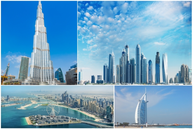 Dubai Marina with luxury yachts, modern skyline, and vibrant waterfront—perfect for Instagram photos, including sunset views, colorful architecture, Ain Dubai, JBR beachfront, and glittering city lights at night.
