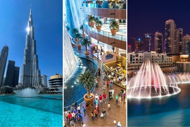 Dubai landmarks featuring Burj Khalifa with fountain show, Dubai Mall waterfall with shoppers, and Dubai Fountain night performance with city skyline.