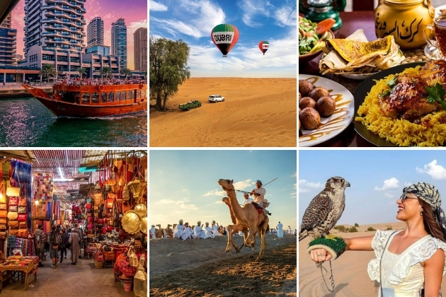 Dubai experiences including dhow cruise at Marina, desert hot air balloon ride, traditional Emirati food, vibrant spice souk, camel riding, and falconry in the desert.