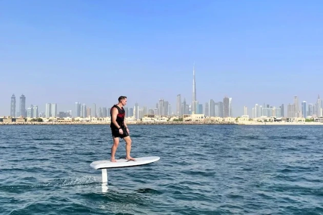 Efoil rider gliding smoothly above Dubai waters