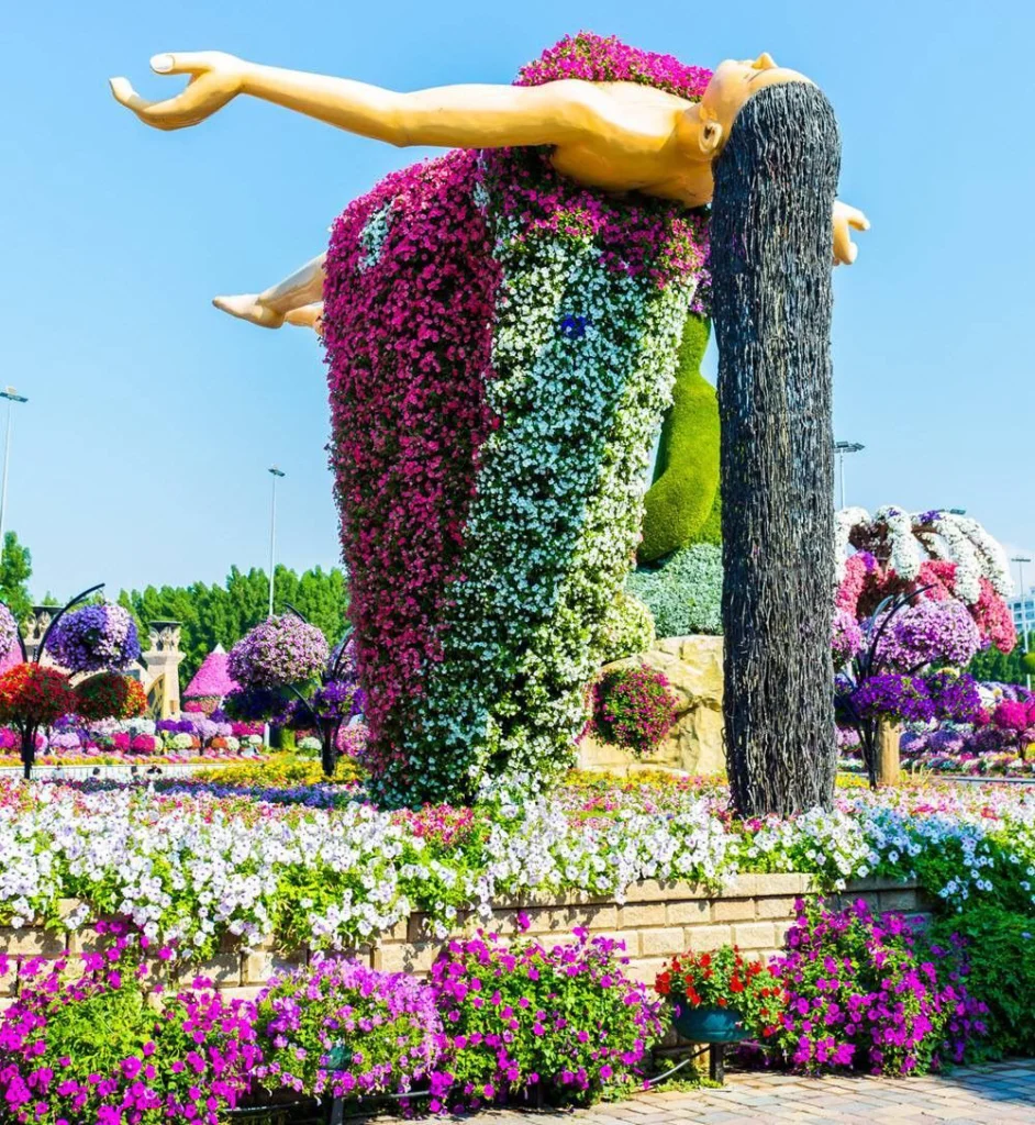 Dubai Miracle Garden featuring colourful floral displays, themed flower structures, and landscaped gardens